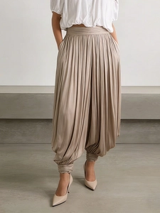 Pantalon Lanterne Plissé à Taille Haute pour Femmes Aspect Soie Satiné Pantalon Harem Khaki Streetwear Mode Long