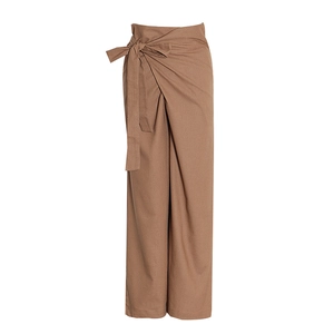 Pantalon large marron à taille haute pour femme avec nœud réglable et coupe ample