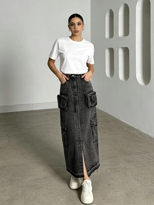 Gonna Midi Stile Denim Cargo Moda Coreana Vita Alta Con Grandi Tasche Spacco Frontale Orlo a Vivo Gonna Lunga Casual Donna