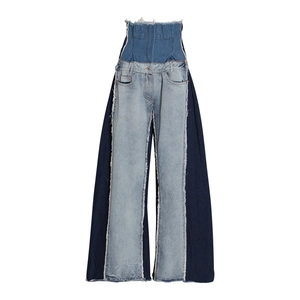 Women's high waist wide leg patchwork denim jeans with frayed edges in blue color