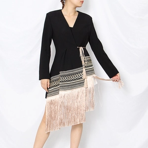 Black V-neck wrap blazer dress with ethnic embroidery and long tassel hemline