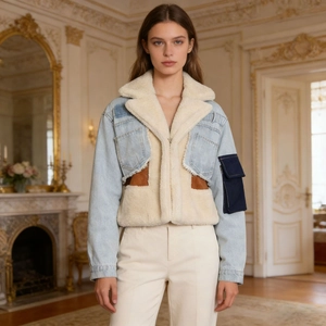 Detail of denim and faux shearling patchwork jacket with contrasting blue sleeve pocket