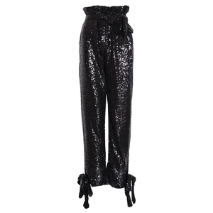 Pantaloni da donna neri con paillettes, vita alta con cintura e fiocchi alle caviglie
