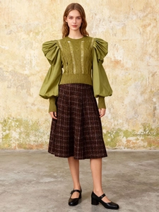 Women's Patchwork Knitted Sweater Round Neck Hollow Out Long Sleeve Puff Lantern Sleeve Loose Casual Knitted Top