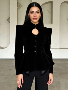 Vintage Black Velvet Blouse For Women Elegant Keyhole Cutout Peplum Jacket Slim Fit Puff Sleeve Stand Collar Social Party Top