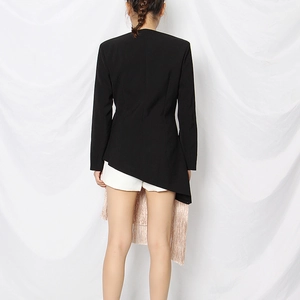 Fashionable black wrap blazer with embroidery tassels and asymmetrical hem for women