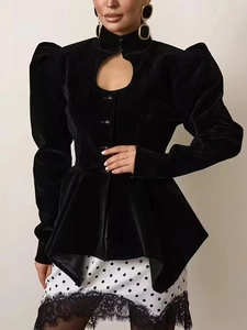 French style black velvet hollow keyhole top with puff sleeves and peplum hem