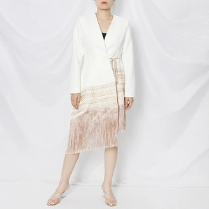 White wrap blazer dress with gold leaf embroidery and long tassel hem for women