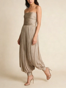 Combinaison bustier plissée élégante en or champagne avec chevilles resserrées