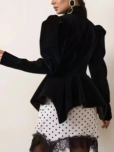 Slim fit black velvet blazer with puff sleeves and elegant peplum hem for women