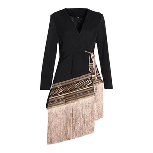 Elegant black wrap blazer dress with gold floral embroidery and champagne fringe hemline