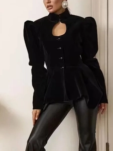 French style black velvet jacket with hollow-out neckline and puff sleeves for women