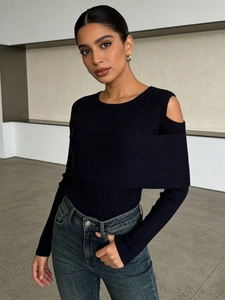 Navy blue cold-shoulder knit top with ribbed texture and decorative chest strap for women