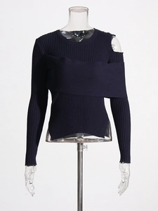 Navy blue ribbed knit sweater with shoulder cutout and asymmetric wrap design for women