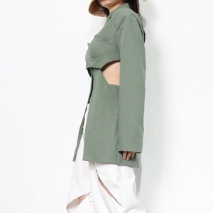 Dark green cutout blazer with shoulder pads and hollow waist design for women