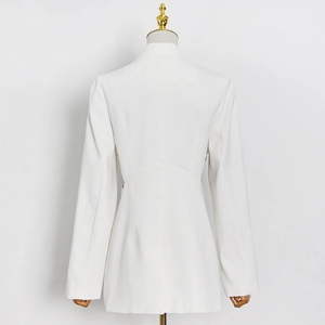 Back view of a white slim-fit blazer for women with structured shoulder pads and seam details