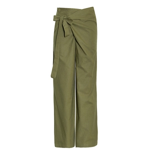 Pantalon large décontracté vert olive à taille haute avec ceinture à nœud élégante