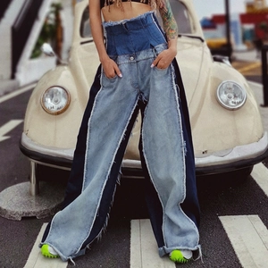 Women's High Waisted Color Block Wide Leg Jeans Patchwork Raw Hem Deconstructed Denim Flare Trousers Streetwear Long Pants