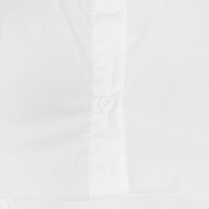 Macro detail of white button and fine stitching on elegant cotton pleated blouse