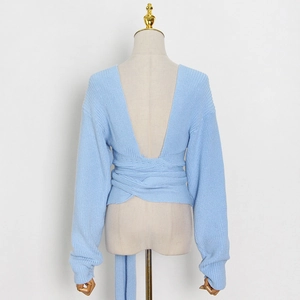 Back view of a sky blue long sleeve knit top featuring a deep V neck and wrap-around ties