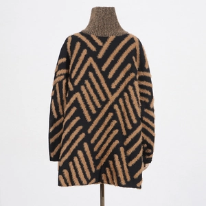 Detailed back view of women's black turtleneck sweater with brown geometric patterns