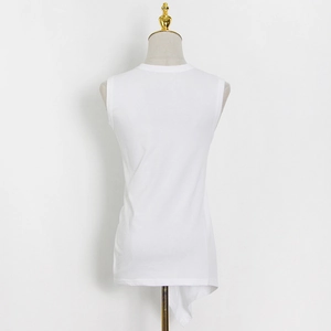Back view of white sleeveless knit top featuring asymmetric ruffled irregular hem detail
