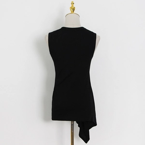 Rear view of black sleeveless top featuring asymmetric hem and draped pleated detail