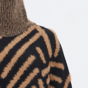 Detailed close-up of ribbed turtleneck and soft brown mink fur texture on knit sweater