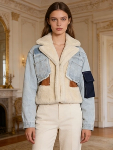 Women Vintage Patchwork Denim Jacket Faux Lamb Wool Fleece Lined Padded Coat Loose Lapel Long Sleeve Winter Warm Outerwear
