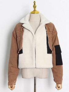 Short lamb wool and brown denim patchwork jacket with fleece lining for women