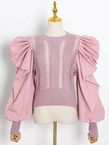 Dusty pink slim knit top with textured cable pattern and oversized puff sleeves