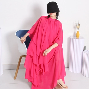 Élégante Robe Maxi en Mousseline à Couches Col Montant Manche Cape Volant Fluide Taille Haute Robe Longue pour Fête Femme