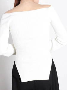 Slim fit off-shoulder white ribbed knit sweater featuring asymmetrical side slit hem