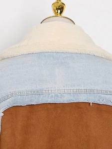 Retro denim and brown suede patchwork jacket with fuzzy faux lamb wool collar back view