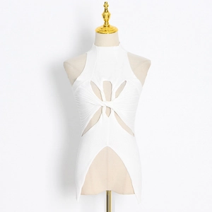 White slim fit knit tank top with hollow out twist knot design and ribbed texture