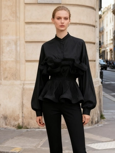 Elegant black standing collar blouse with ruffled pleats and puff lantern sleeves