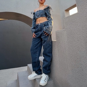 Women Denim Top And Bottom Off Shoulder Zipper Crop Top Wide Leg Pants High Waist Streetwear Sexy Washed Blue Cotton Blend