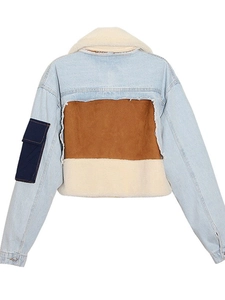 Women's denim jacket with shearling trim and brown suede patchwork on back view