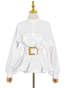 Elegant white long sleeve ruffle shirt with stand collar and wide belted waist buckle