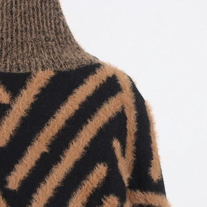 Detail of high-neck ribbed collar and plush striped knit texture on winter sweater