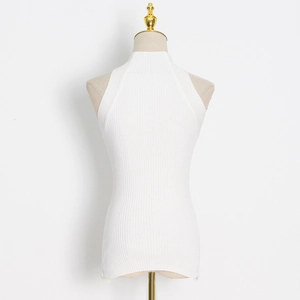 Slim fit white ribbed knit mock neck sleeveless top for women with chic shoulder cutout
