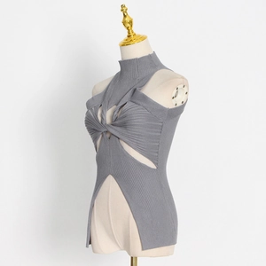 Detail showing grey ribbed knit texture with decorative front knot and hollow cut-outs