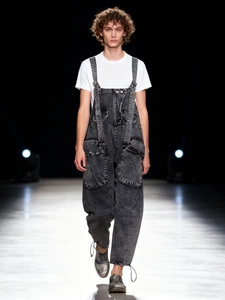 Salopette en Denim à Taille Haute pour Femmes Pantalon Cargo à Jambes Larges Coupe Décontractée Gris Lavé Jumpsuit Mode