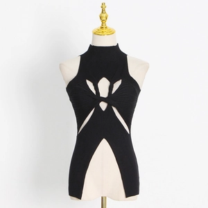 Detail of black slim-fit knit vest with mock neck, center cutout, and knot design