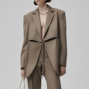 Women Designer Hollow Out Lace Up Blazer Jacket Cotton Blend Waist Cut Out Long Sleeve Streetwear Suit Coat Khaki Purple