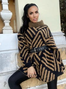 Women High Neck Geometric Knitted Sweater Loose Faux Mink Fur Thick Turtleneck Long Sleeve Pullover Warm Winter Top