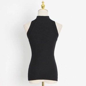 Detail of high-neck sleeveless black ribbed knit top featuring a back racerback cut