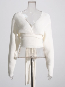 White wrap V-neck long sleeve rib knit sweater with waist tie for women's casual fashion