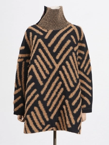 Women's high neck mink wool knit sweater with brown geometric stripes on black base