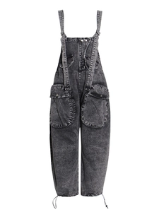 Salopette en jean rétro gris à taille haute avec grandes poches et jambe large